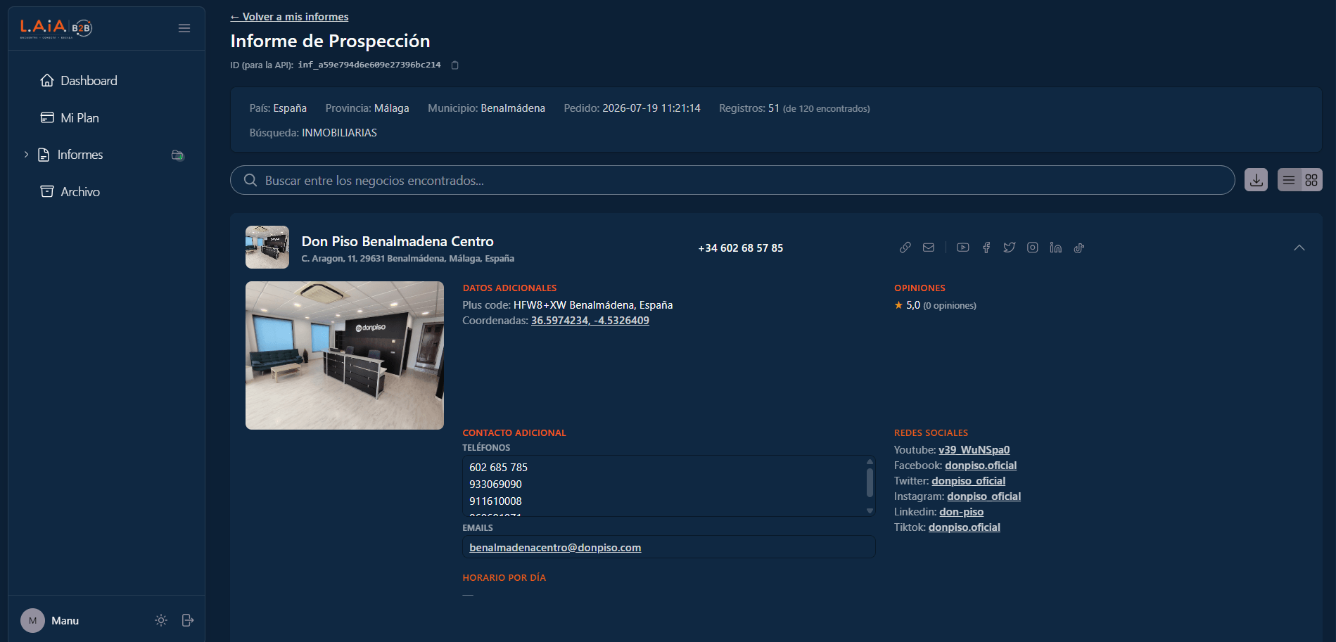 Detalle de una empresa dentro de un informe de prospección