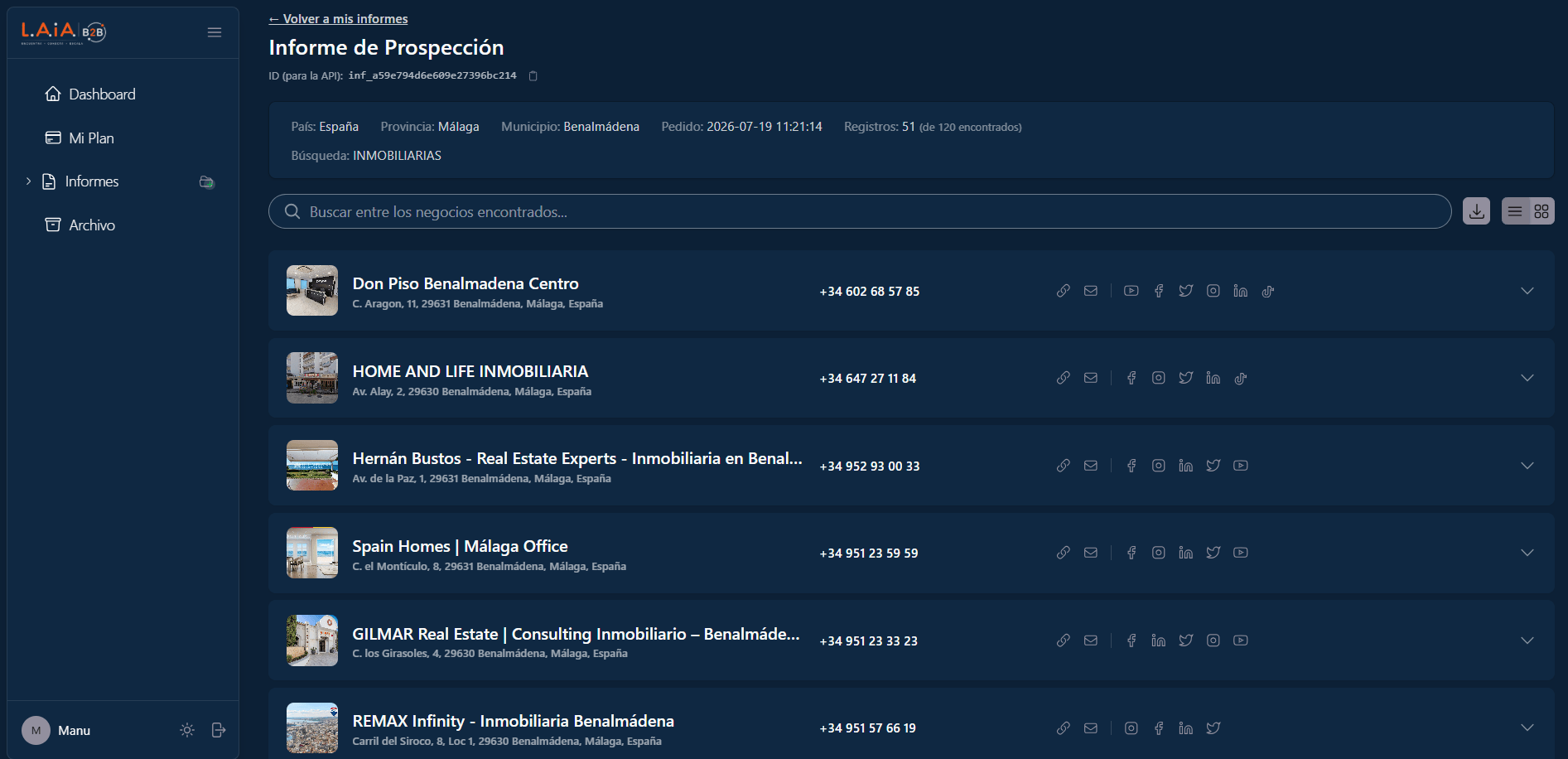 Informe de prospección con buscador y controles de descarga