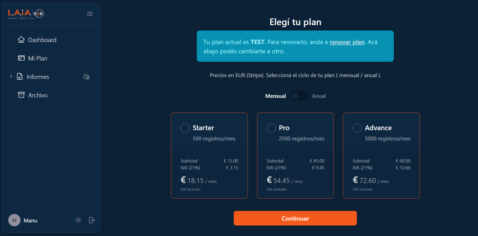 Vista de plan y consumo de registros de Laia B2B